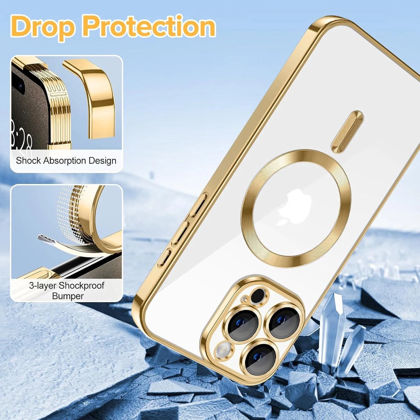 Transparent Phone Case for Apple Iphone 15 Pro Clear Magnetic Case, [Yellow Resistant] Slim Fit Shockproof Transparent Crystal Clear Magnetic Case for Apple Iphone 15 Pro, Gold